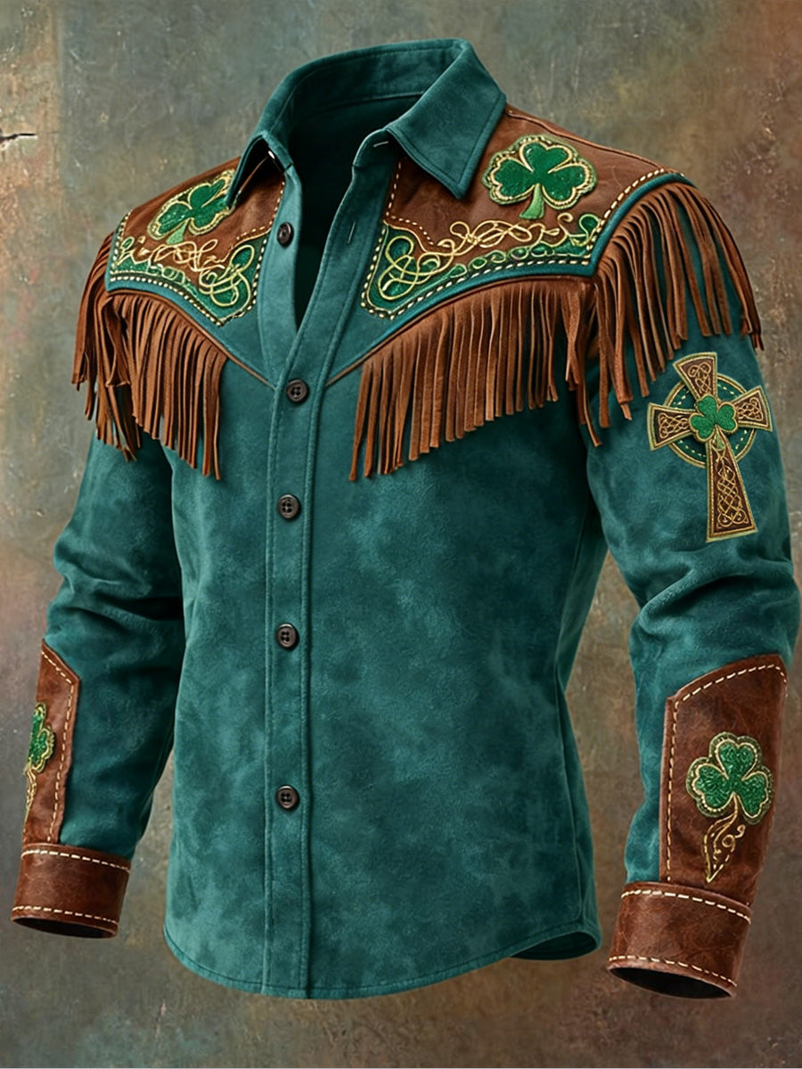 Men's Retro Western Style St. Patrick Print Vintage Tassel Casual Long Sleeve Shirt